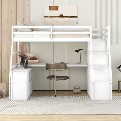 Harper & Bright Designs Twin Loft Bed with Stairs, Desk, and Storage – Solid Wood Frame in White