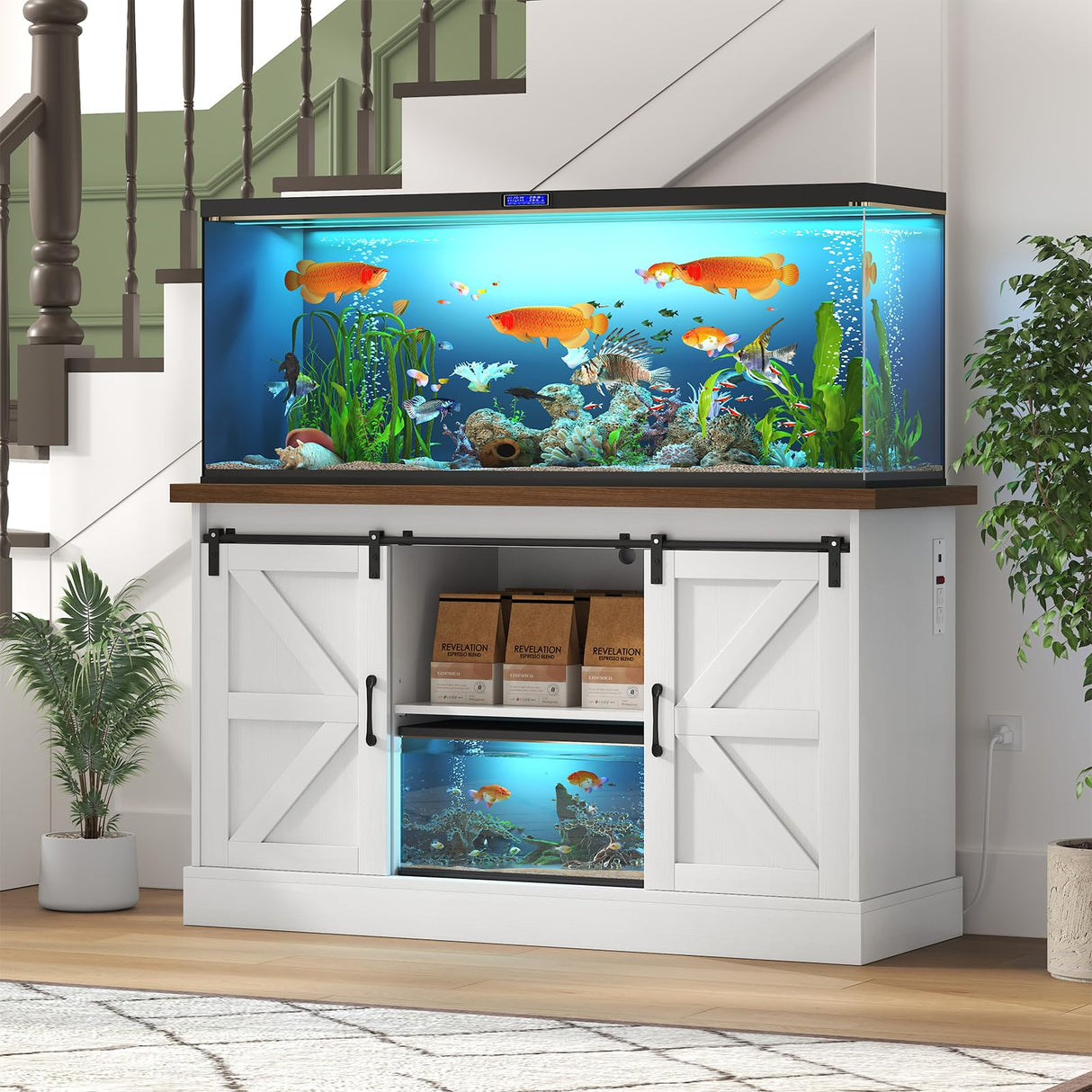 OtterOasis 55-75 Gallon Fish Tank Stand with Sliding Barn Doors & Power Outlet, Heavy Duty Aquarium Stand with Cabinet Storage for Fish Tank, Turtle Tank, Reptile Terrarium, 1000LBS Capacity, White OtterOasis