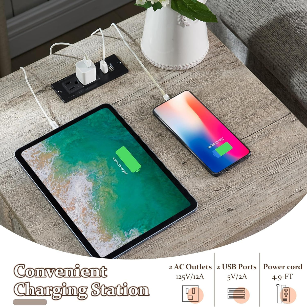 T4TREAM Farmhouse Nightstand Set of 2 with Charging Station, Rustic End Table with 2 Drawers, Storage Open Shelf for Bedroom, Living Room, Wood Side Table, Light Rustic Oak T4TREAM