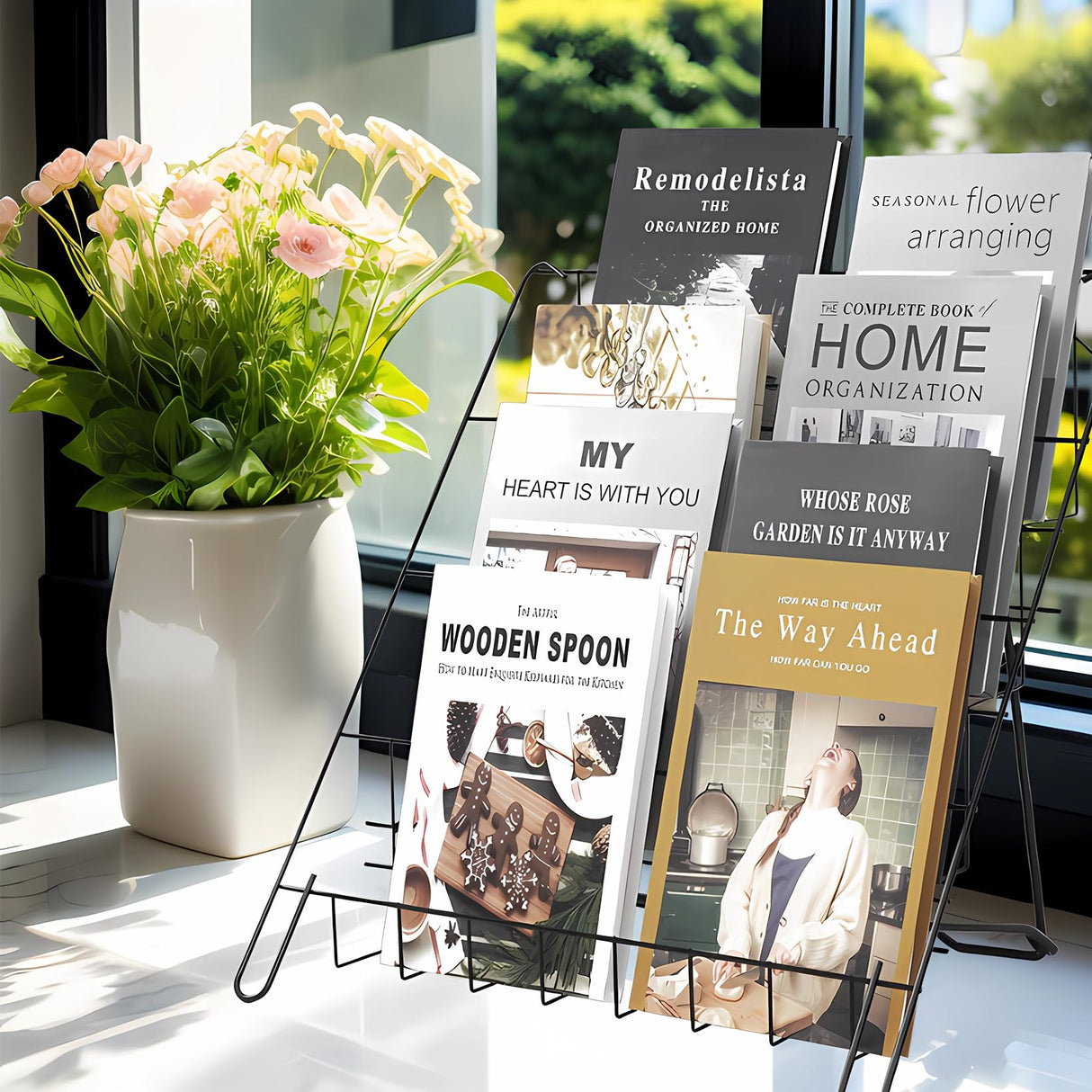 NEESEEYEE Wire Magazine Rack with 4 Open Tiers Book Signing Rack Tabletop Display Stand Holds Both Magazines and Brochures Display Rack Wire - Black NEESEEYEE