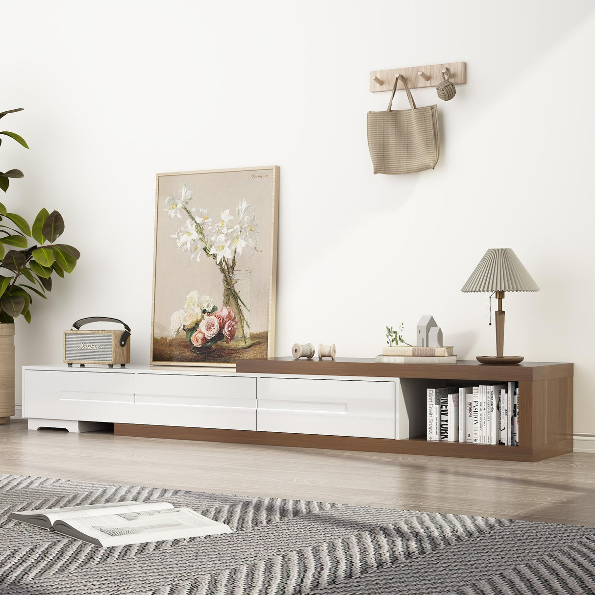 Hlivelood Extendable TV Stand, Modern Entertainment Center for Up to 120 Inch TV, Wood Reversible TV Media Console with 3 Drawers for Living Room Bedroom, 82-110" Hlivelood