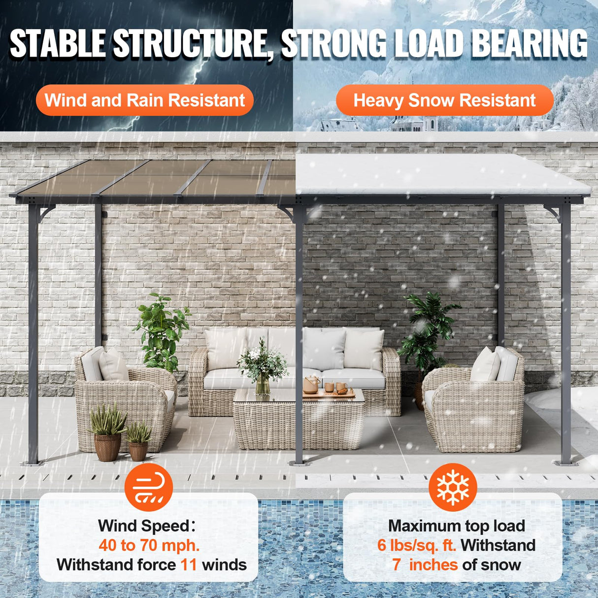 VEVOR Lean to Gazebo for Patio, 10' x 14' Hard Top Gazebo with Aluminum Frame, Wall Mounted & Freestanding Pergola, UV Resistant Polycarbonate Roof, Outdoor Patio Awnings for Deck, Garden and Backyard VEVOR