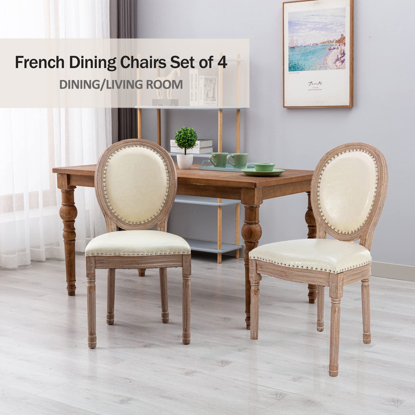 Nrizc French Country Dining Chairs Set of 4, Leather Farmhouse Dining Room Chairs with Round Back, Solid Wood Legs, Oval Side Chairs for Kitchen/Bedroom/Dining Room - WoodArtSupply