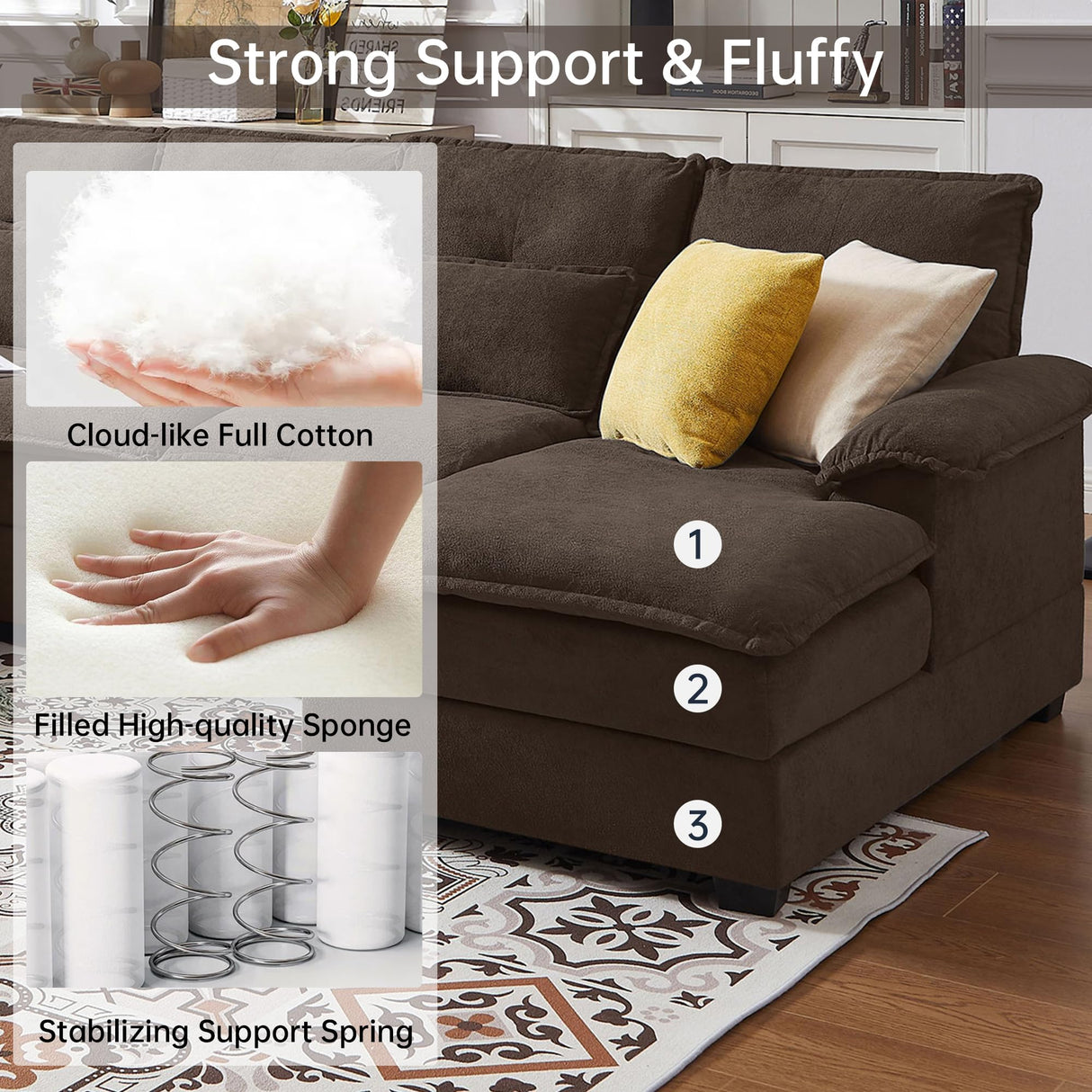 Enobala 110" Comfy Cloud Couch Sectional Sofa with Lumbar Pillows, Modern U-Shaped Cloud Sofa with Double Chaise & Deep Seat for Living Room, or Office, Easy Assembly, Dark Coffee Enobala