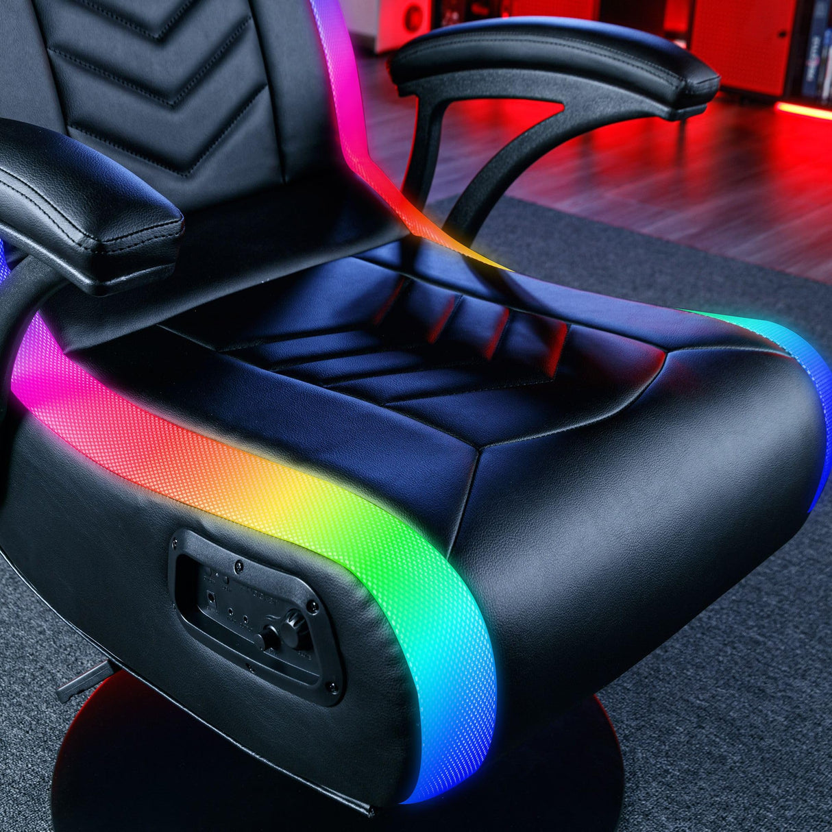 X Rocker Prism RGB LED Lounging Video Gaming Pedestal Chair with Armrests, Wireless Bluetooth Audio, Foldable, Vegan Leather, Amazon Exclusive, Black X Rocker