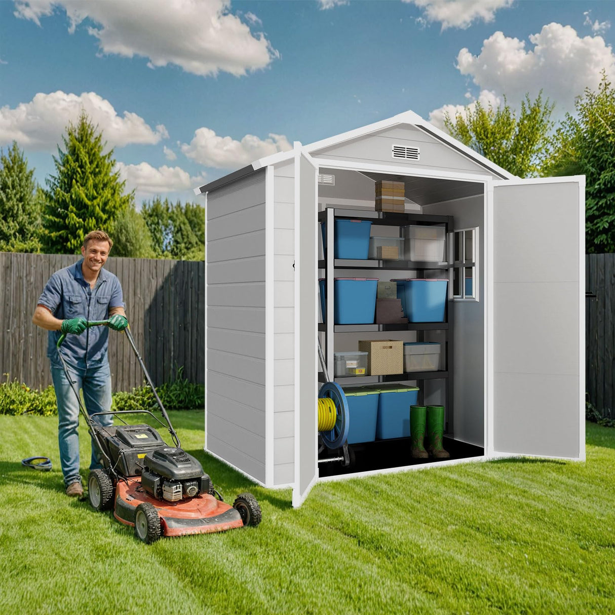 YOFE Resin Shed 6x4.4FT,Plastic Shed with Floor,Outdoor Storage Shed with Floor for Garden Tool,Waterproof Outdoor Resin Shed,Lockable Doors for Patio,Yard,Lawn (Gray) YOFE