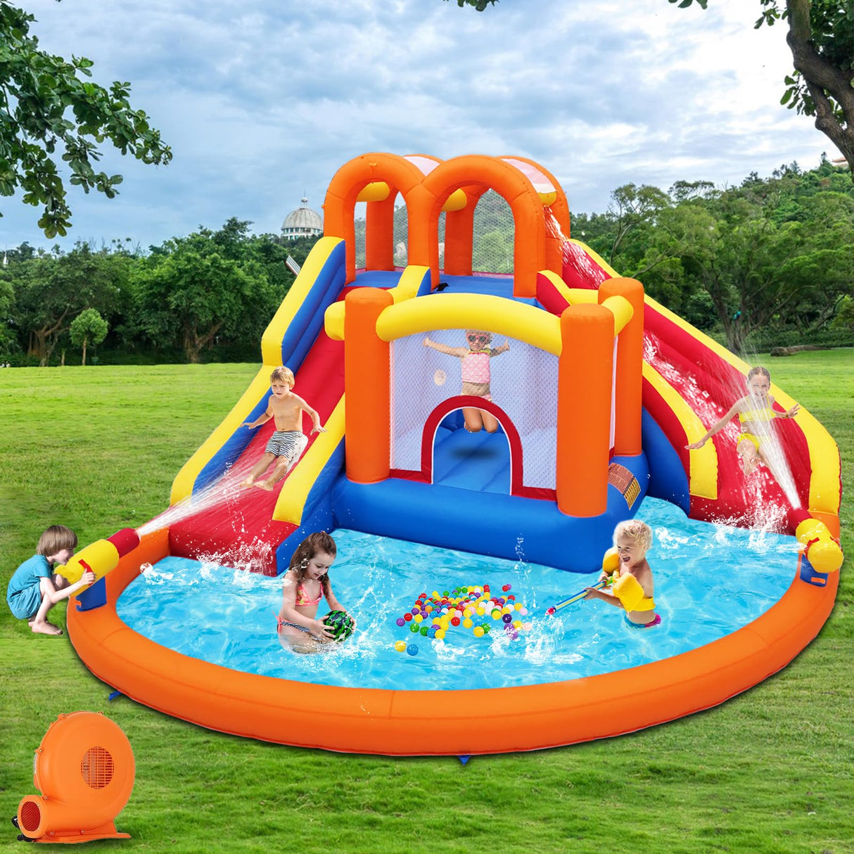 Umbalir 14.2x12.8FT Inflatable Water Park, Giant Slide Bounce House With 2 Long Slides, Thrilling Climbs, Trampoline and Big Splash Pool - 650W Air Blower Included Umbalir