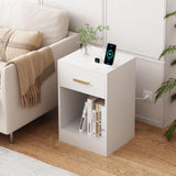 LAPTAIN Nightstand with Charging Station, End Side Table with Storage Drawer and Open Cabinet, Bedside Table for Bedroom, White LAPTAIN