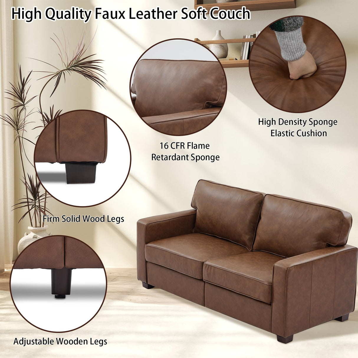 HXZDZ 66" PU Faux Leather Couch, Mid-Century Modern Loveseat Sofa with Solid Wood Legs for Living Room, Bedroom, Office, Brown HXZDZ