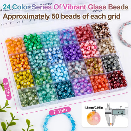 XSEINO 1200PCS 6mm Ink Glass Beads Kit, 24 Assorted Color Series Crystal Beads for Jewelry Making and DIY Crafts, Friendship Bracelets XSEINO