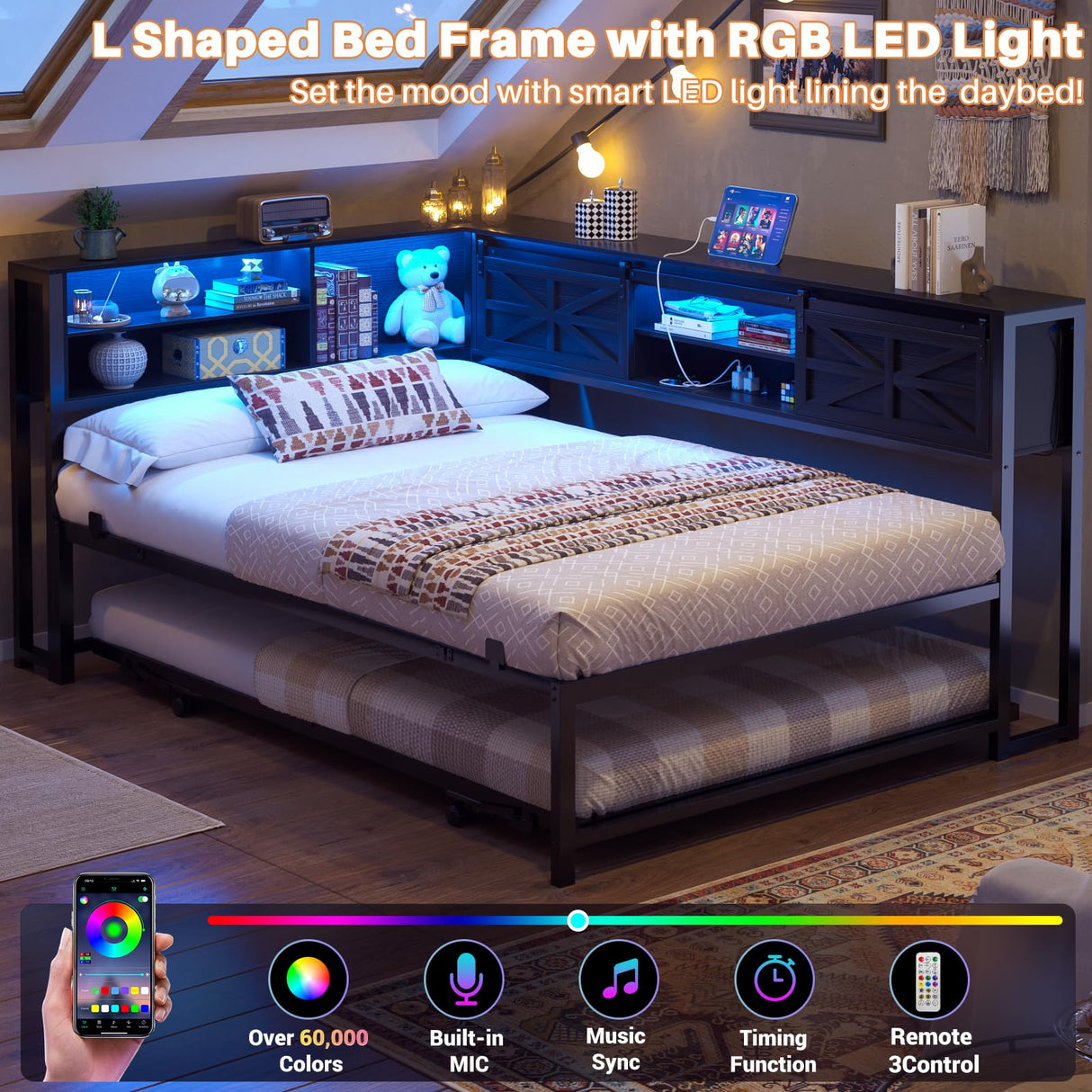 Homieasy Daybed with Pop Up Trundle, Corner Twin Bed Frame with Charging Station & LED, Reversible Twin Day Bed with Storage Bookcase Headboard for Bedroom, Living & Guest Room, Black Homieasy