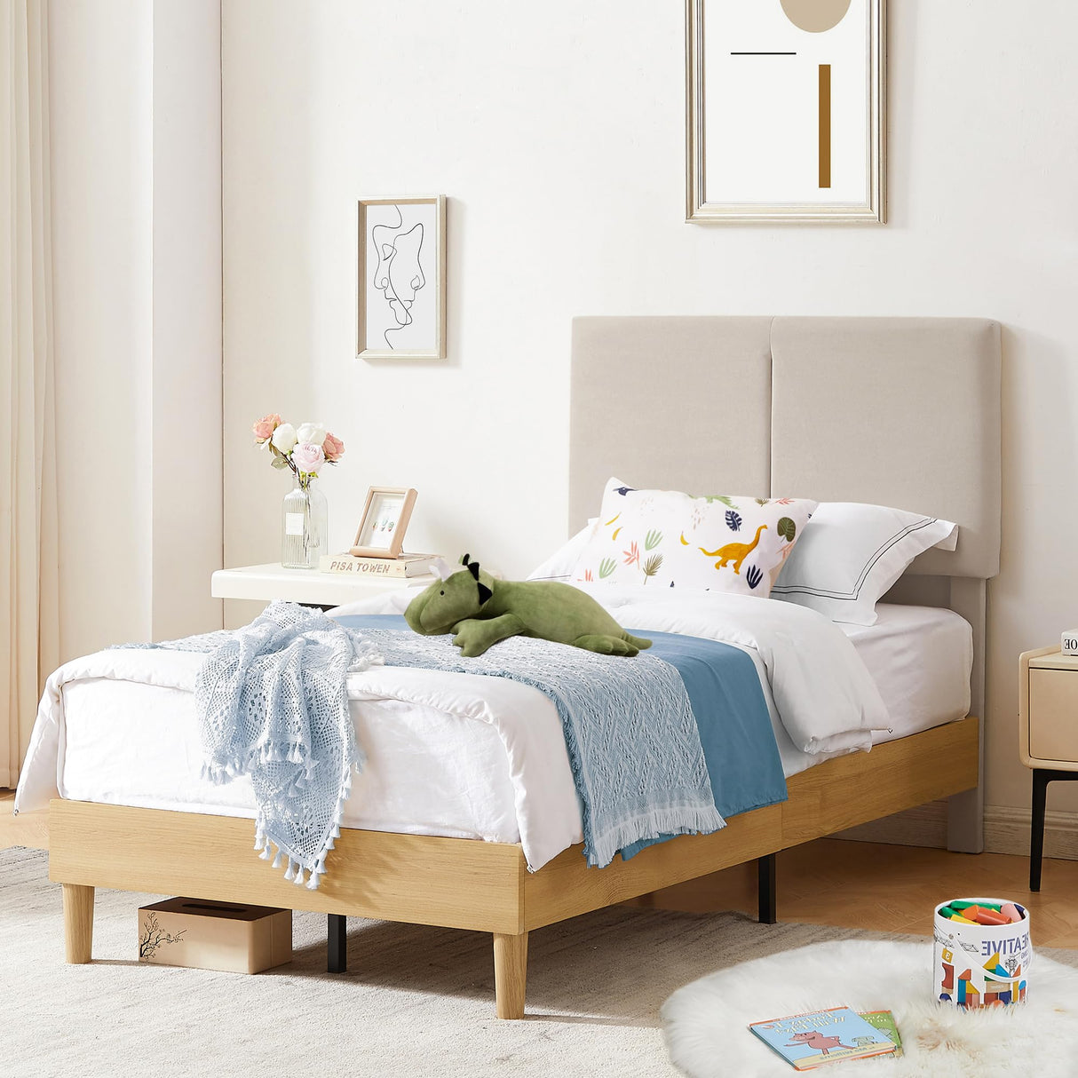 VECELO Twin Frame Upholstered Platform Height-Adjustable Cotton and Linen Headboard, Heavy Duty Wood Slats, 6" Under-Bed Space Noise-Free, No Box Spring Needed,Easy Assembly, Beige VECELO