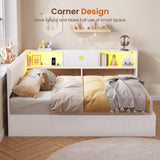 DICTAC Full Corner Bed Frame with Hydraulic Storage,Charging Station and Led Lights Metal Lift up Platform Storage Bed Frame with Upholstered Headboard,Full Size Daybed with Bookcase Guardrail,White DICTAC