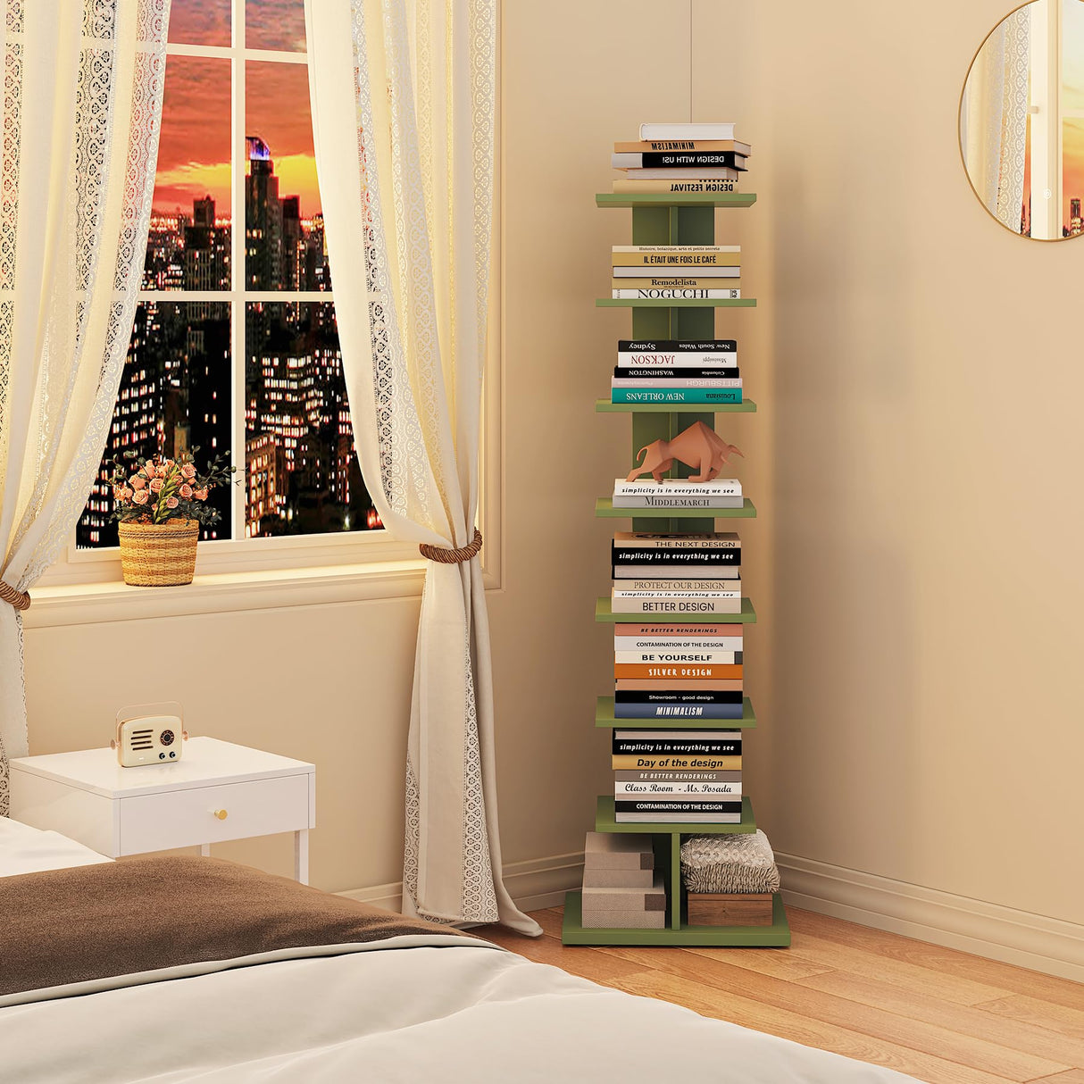 TUTOTAK Bookshelf, 8-Tier Bookcase, Narrow Spine Book Shelf for Small Space, Corner Standing Shelf for Living Room, Office, Study, Entryway, Olive Green BS06BOG008 TUTOTAK