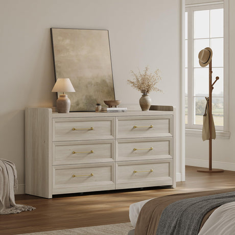SICOTAS 6 Drawer Dresser for Bedroom-56.4" Extra-Wide Wooden Chest of Drawers with Large Storage, Long Dresser TV Stand with Drawers, Farmhouse Closet Dressers for Nursery Living Room, Grey White Oak SICOTAS