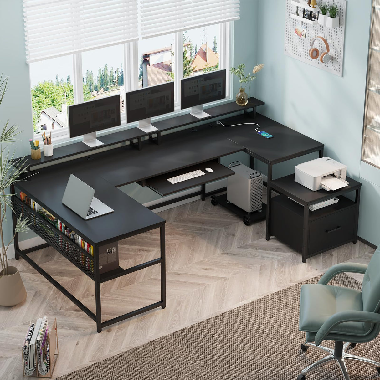 SEDETA U Shaped Desk, Reversible L Shaped Home Office Desk with File Drawer & Power Outlet, 101.5'' Computer Two Person Desk with Monitor Shelf, Keyboard Tray, Gaming Desk, Black SEDETA