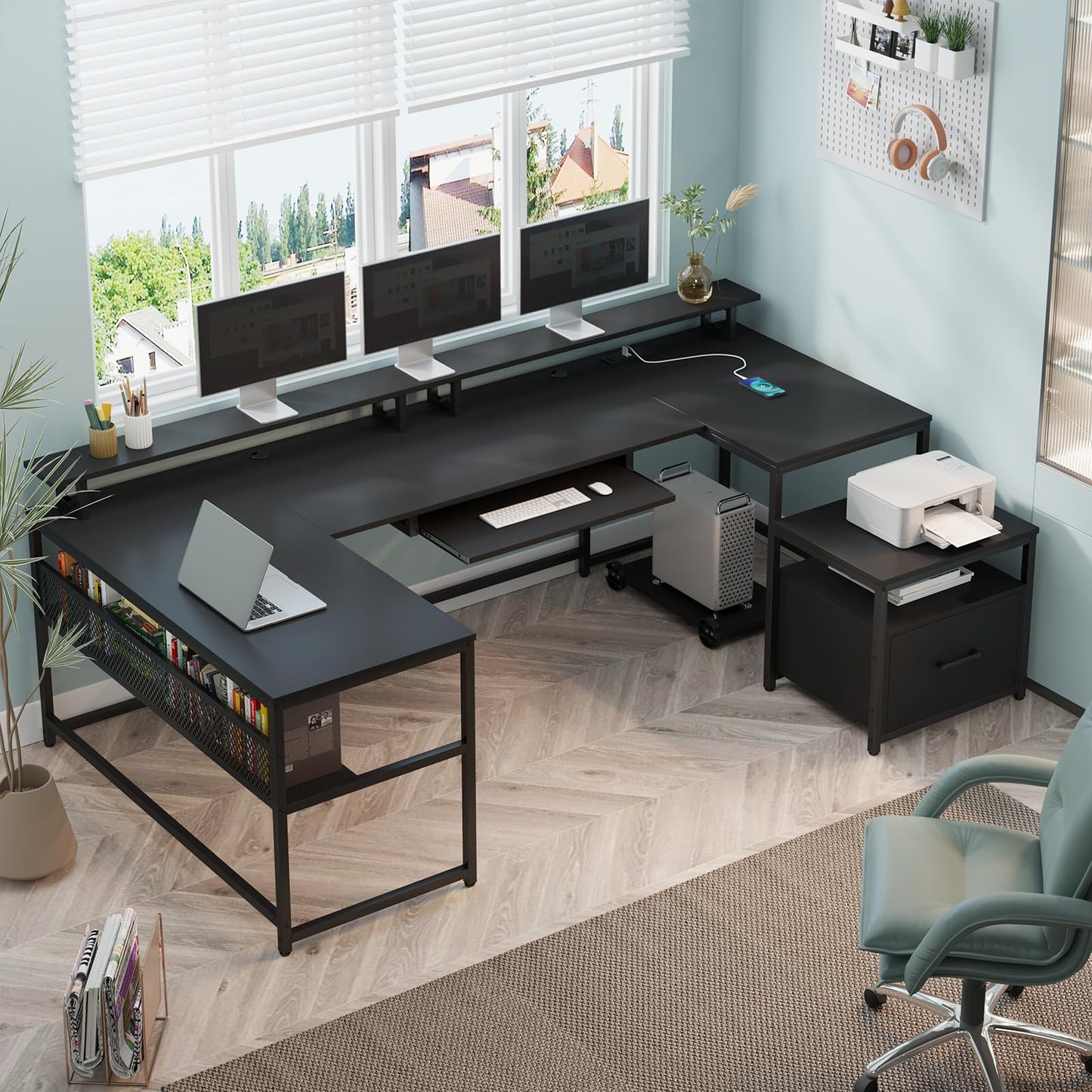 SEDETA U Shaped Desk, Reversible L Shaped Home Office Desk with File Drawer & Power Outlet, 101.5'' Computer Two Person Desk with Monitor Shelf, Keyboard Tray, Gaming Desk, Black - WoodArtSupply