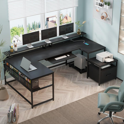 SEDETA U Shaped Desk, Reversible L Shaped Home Office Desk with File Drawer & Power Outlet, 101.5'' Computer Two Person Desk with Monitor Shelf, Keyboard Tray, Gaming Desk, Black - WoodArtSupply