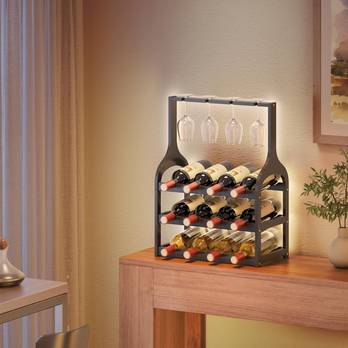 Wine Rack Countertop for 12 Wine Bottles and 4 Glass Holder, Small Bamboo Free Standing Racks Tabletop Display, Wooden Wine Storage Organizer for Cabinet Pantry Kitchen Bar Home Dining Room (Black) MHXW SXPN