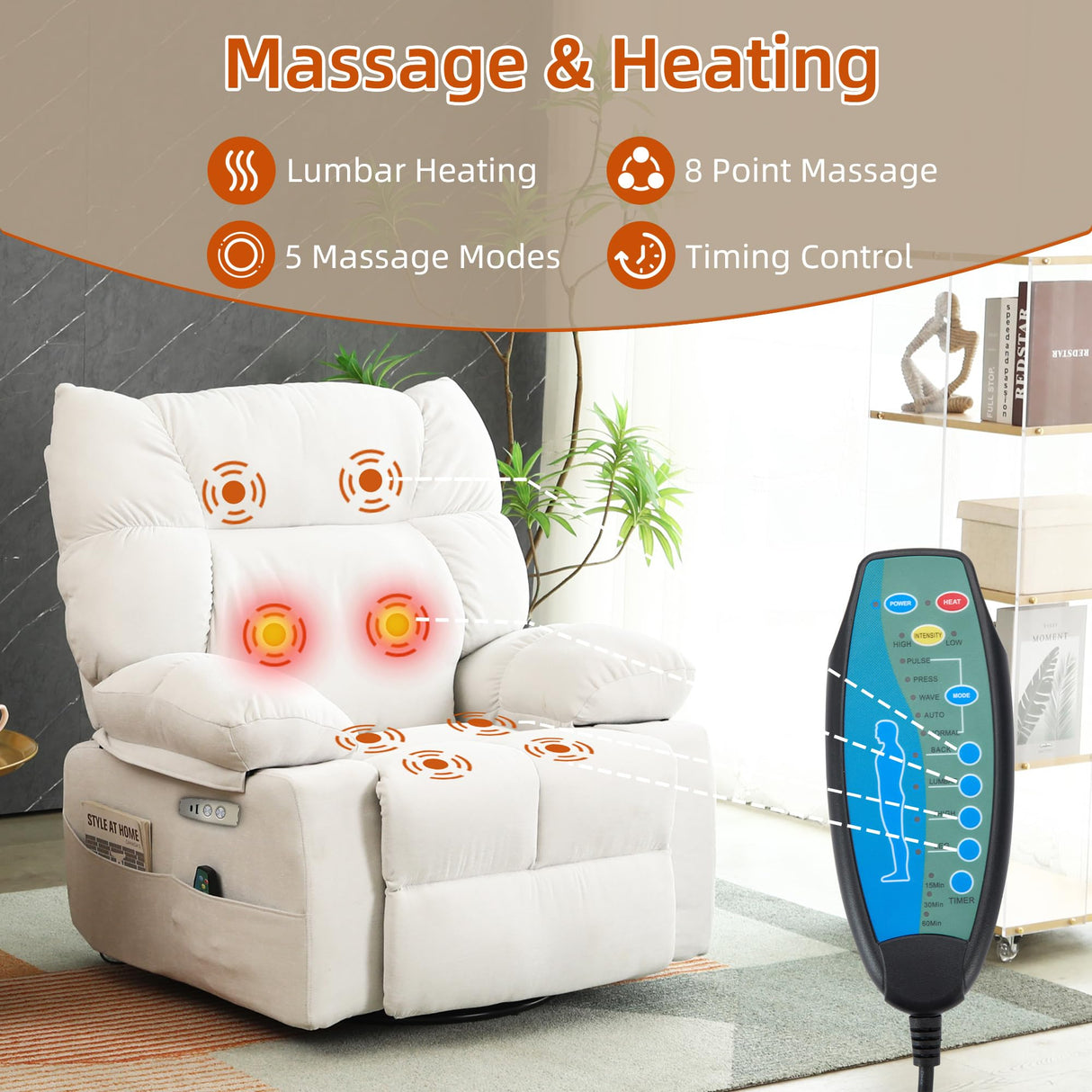 DYHOME Rocking Recliner Chair, White Swivel Massage Rocker Recliner Chairwith Heated, Electric Recliner Chairs for Adults, Modern Lazy Boy Single Lounge Sofa for Living Room,Bedroom, Nursery DYHOME
