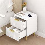 Akxomel White Nightstand Set of 2, Fluted Night Stand with Charging Station, 13.8" D x 15" W x 23.2" H, 2 Drawers Modern Bedside Table with USB Ports and Outlets, Golden Side Table for Bedroom Akxomel