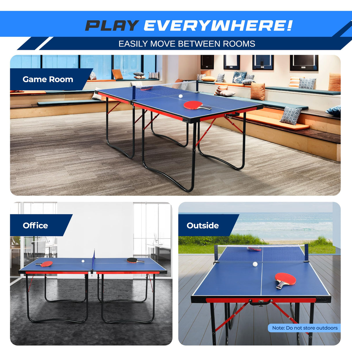 SereneLife Midsize Portable Ping Pong Table Set with Net, Clipper, Post - 6’ x 3’ Foldable Space-Saving Design, Blue SereneLife