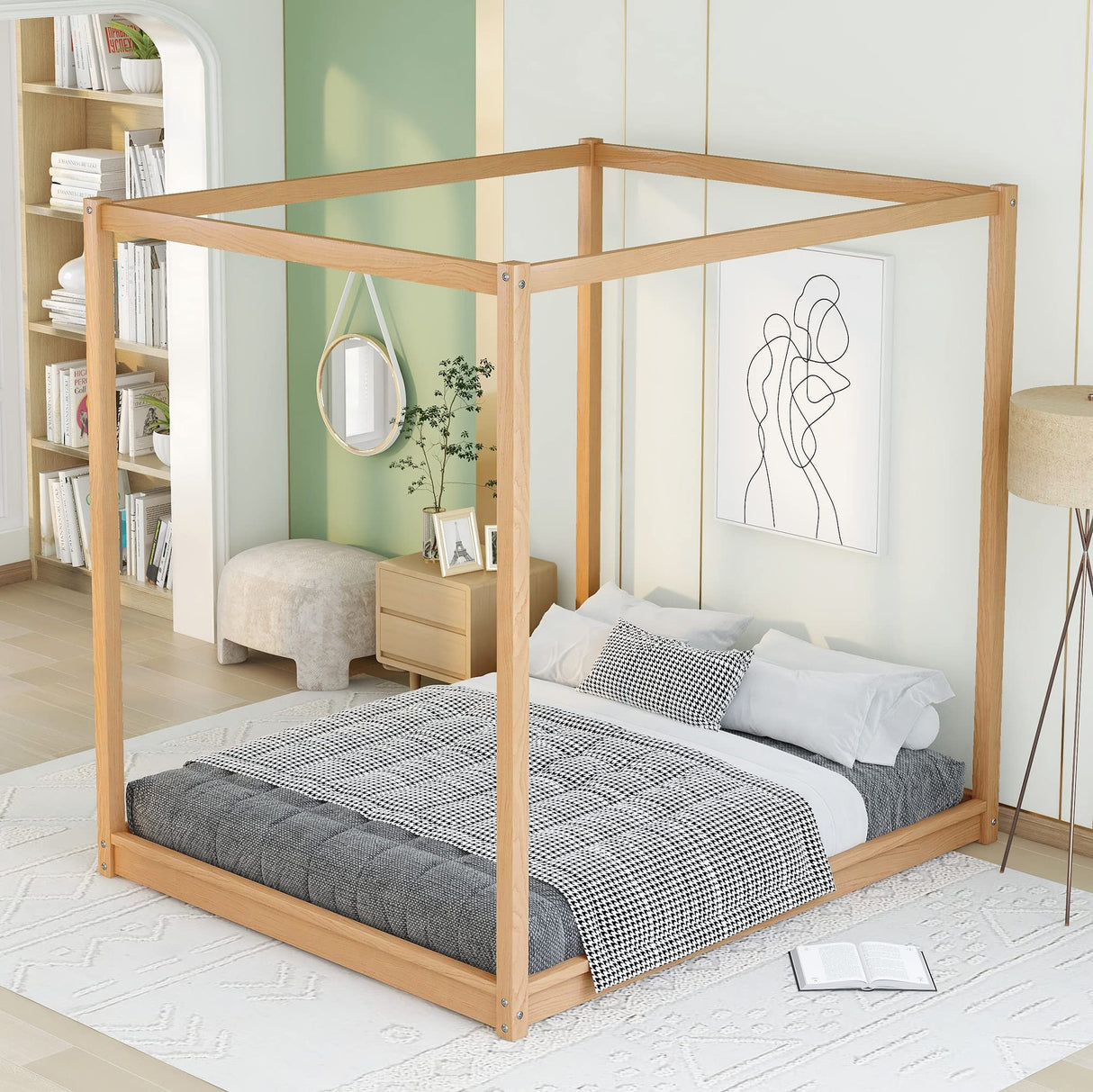 Merax Modern Queen Size Wood Canopy Bed Floor Platform Bed Frame/No Box Spring Needed/Easy Assembly, Nutural Merax