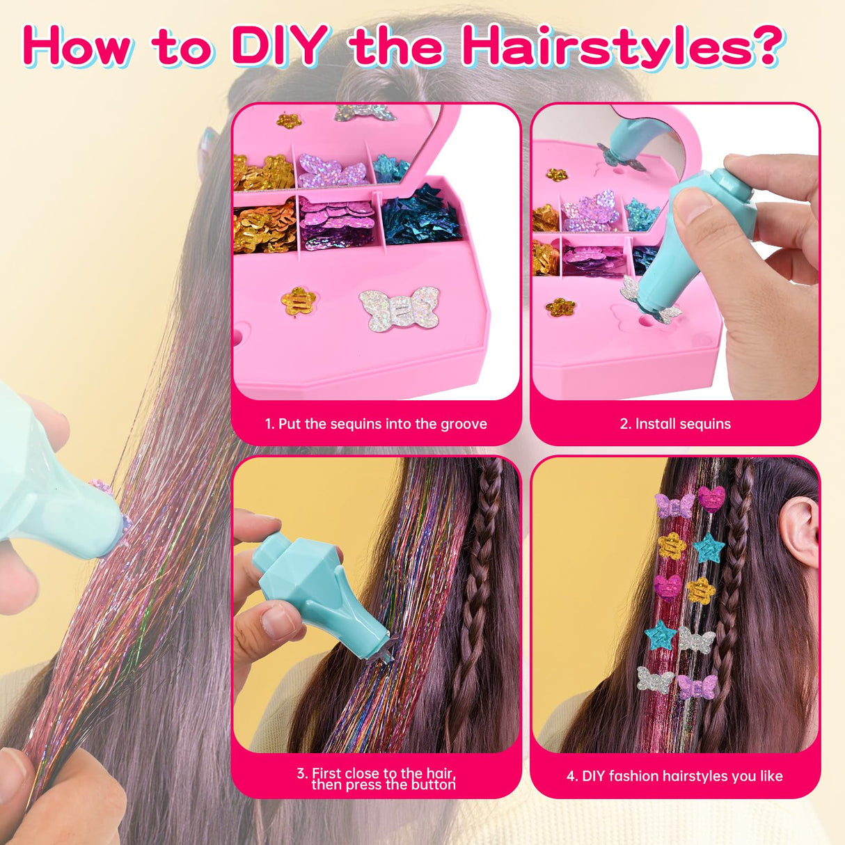 Hair Gem Stamper Kit for Girls, Pluspace Hair Gems for Girls with 600 Hair Glitter Patch, No-Glue Hairstyle Design Art Crafts, Hair Bedazzler Tool Reusable Princess Hair Accessories Gift for Kids 6-15 Pluspace