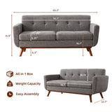Kingfun 65.2" W Loveseat Sofa, Mid Century Modern Decor Love Seat Couches for Living Room, Button Tufted Upholstered Furniture, Solid & Easy to Install Small Couch for Bedroom Office Apartment, Grey Kingfun