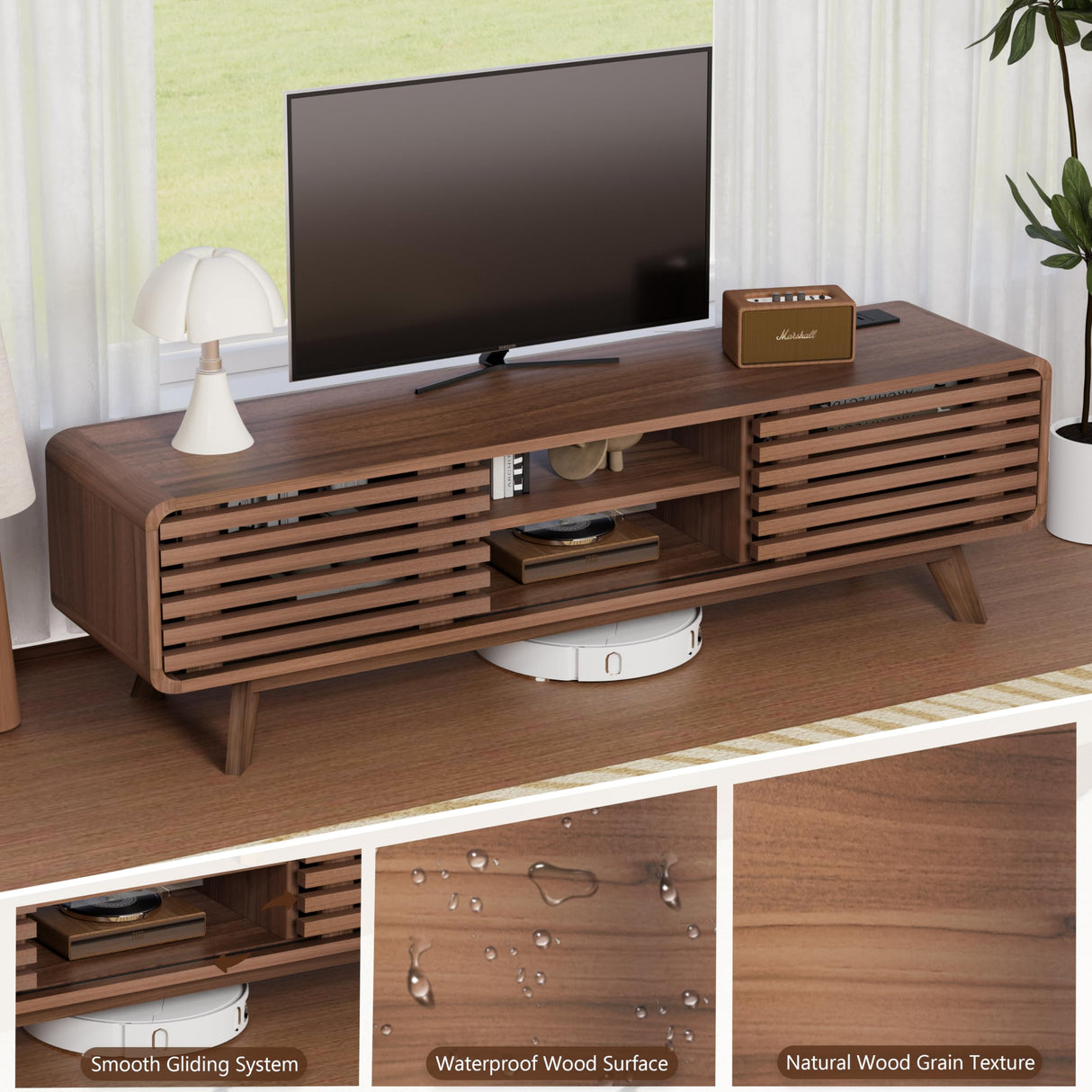 Royal Windsor Modern TV Stand for Living Room, Media Console Cabinet with Socket, Large Entertainment Center with Storage, TV Table with Slatted Sliding Doors and Open Shelves, Reddish Brown Royal Windsor