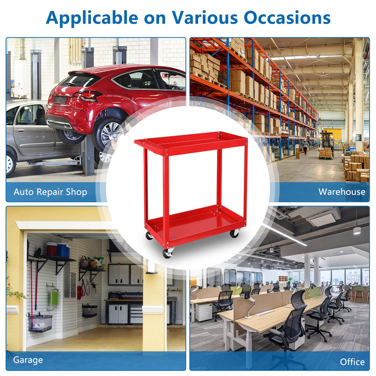 TUFFIOM 2 Tier Rolling Tool Cart, 220 LBS Capacity Industrial Service Cart w/Wheels, 2 Shelf Steel Utility Cart, Tool Storage Organizer for Mechanic, Garage, Workshop, Warehouse & Repair Shop, Red TUFFIOM