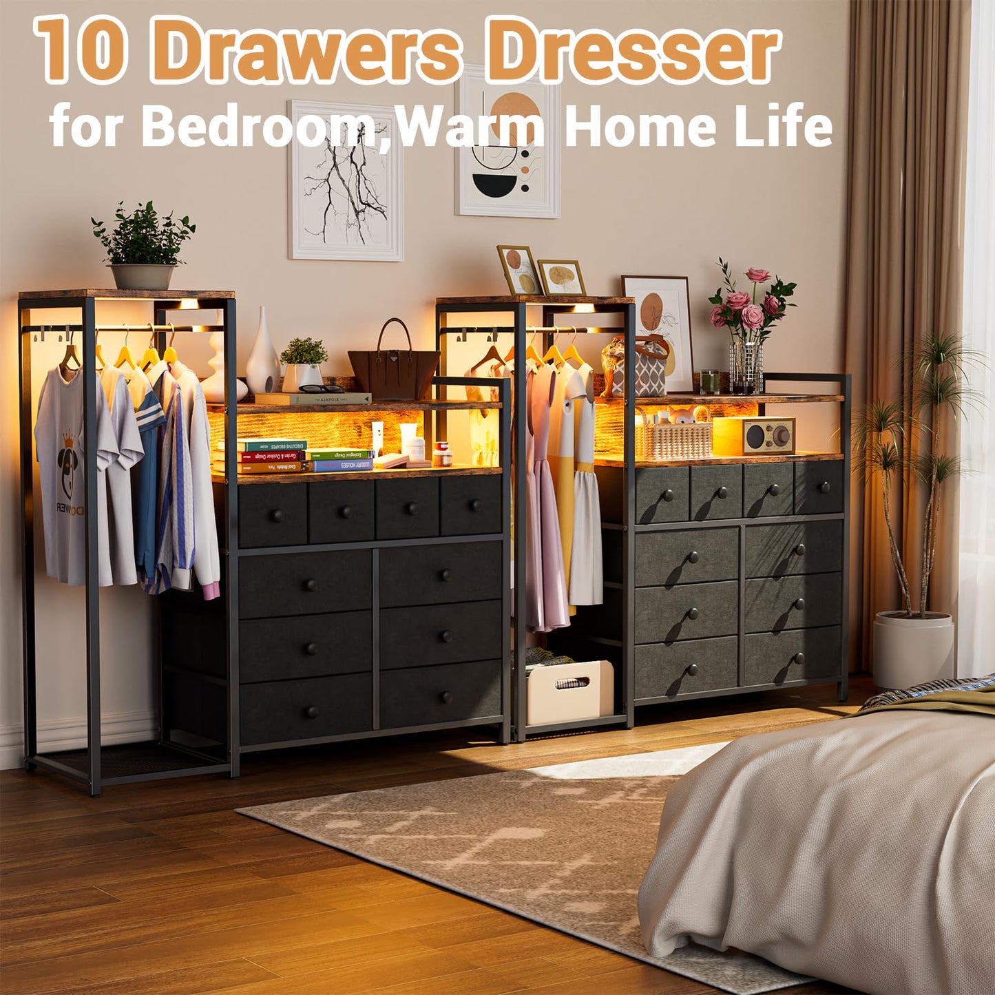 HPWLYO 10 Fabric Drawers Dresser with LED Light,Black Dresser for Bedroom with Clothes Rack, Tall Storage Chest of Drawers, Dressers & Chests of Drawers, Wooden Top, Bedroom, Closet Upgraded