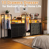 HPWLYO 10 Fabric Drawers Dresser with LED Light,Black Dresser for Bedroom with Clothes Rack, Tall Storage Chest of Drawers, Dressers & Chests of Drawers, Wooden Top, Bedroom, Closet Upgraded HPWLYO