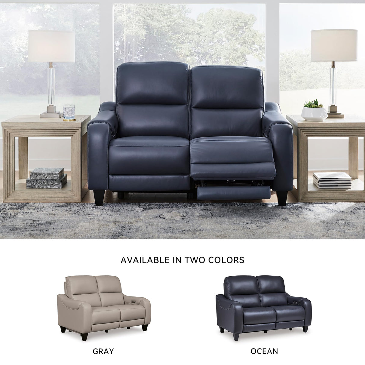 Signature Design by Ashley Mercomatic Contemporary Leather Match Wall Hugger Power Reclining Loveseat with Adjustable Headrest and USB Ports, Blue Signature Design by Ashley
