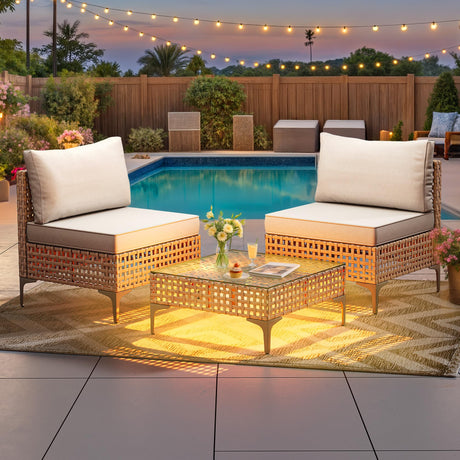 YITAHOME Wicker Patio Furniture Set 3 Pieces Outdoor Sectional Sofa with Solar Light Table Outdoor Couch with Waterproof Cushions All-Weather Rattan Patio Conversation Set for Balcony Porch YITAHOME