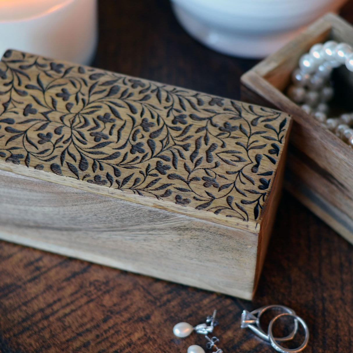 WHW Whole House Worlds Decorative Wood Boxes, Set of 2, CarvedLeaf and Vine Details, Removable Lids, Durable Brown Mango, 6 Inches WHW Whole House Worlds