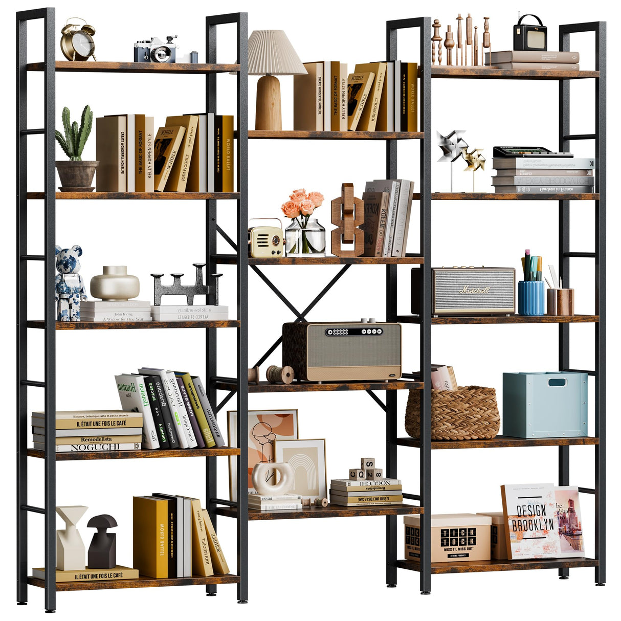 Shintenchi Triple 5 Tier Bookshelf, Industrial Large Bookcase with 14 Open Display Shelves, Large Etagere Bookshelf,Wide Book Shelf Book Case for Home & Office, Rustic Brown Shintenchi