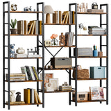 Shintenchi Triple 5 Tier Bookshelf, Industrial Large Bookcase with 14 Open Display Shelves, Large Etagere Bookshelf,Wide Book Shelf Book Case for Home & Office, Rustic Brown Shintenchi