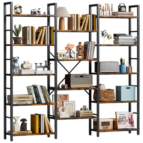 Shintenchi Triple 5 Tier Bookshelf, Industrial Large Bookcase with 14 Open Display Shelves, Large Etagere Bookshelf,Wide Book Shelf Book Case for Home & Office, Rustic Brown Shintenchi