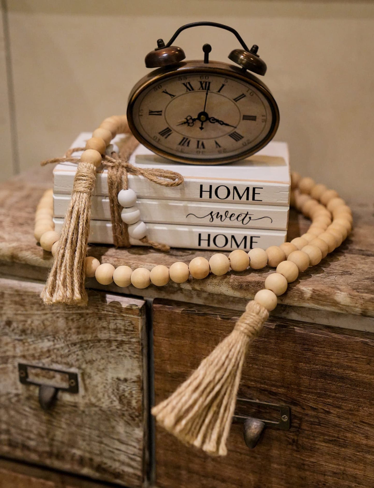 LARAINEIK 3 Pieces Wooden Decorative White Books, Rustic Farmhouse Book Stack, Faux Books for Coffee Table Shelves with Wood Bead Tassels and Leaves, for Modern Home Decor, 7'x 4.6'x 2.5'