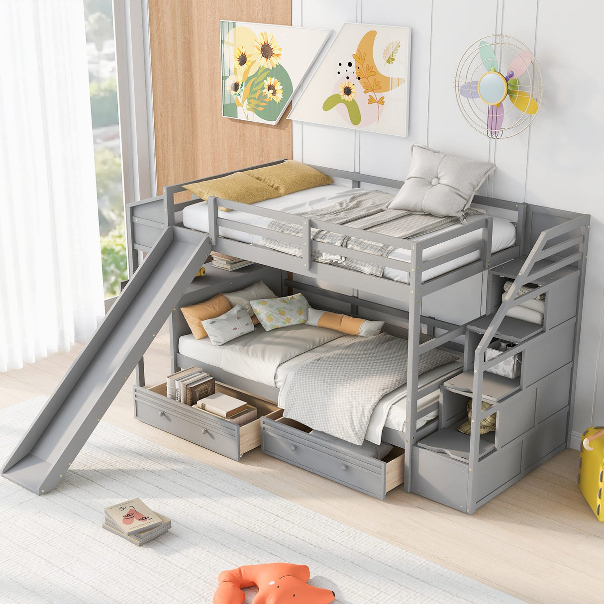 Harper & Bright Designs Twin Over Twin Bunk Bed with Stairs, Slide, Desk, Solid Wood Bunk Bed with Storage Drawers and Shelves, for Kids Teens Adults (Gray) Harper & Bright Designs
