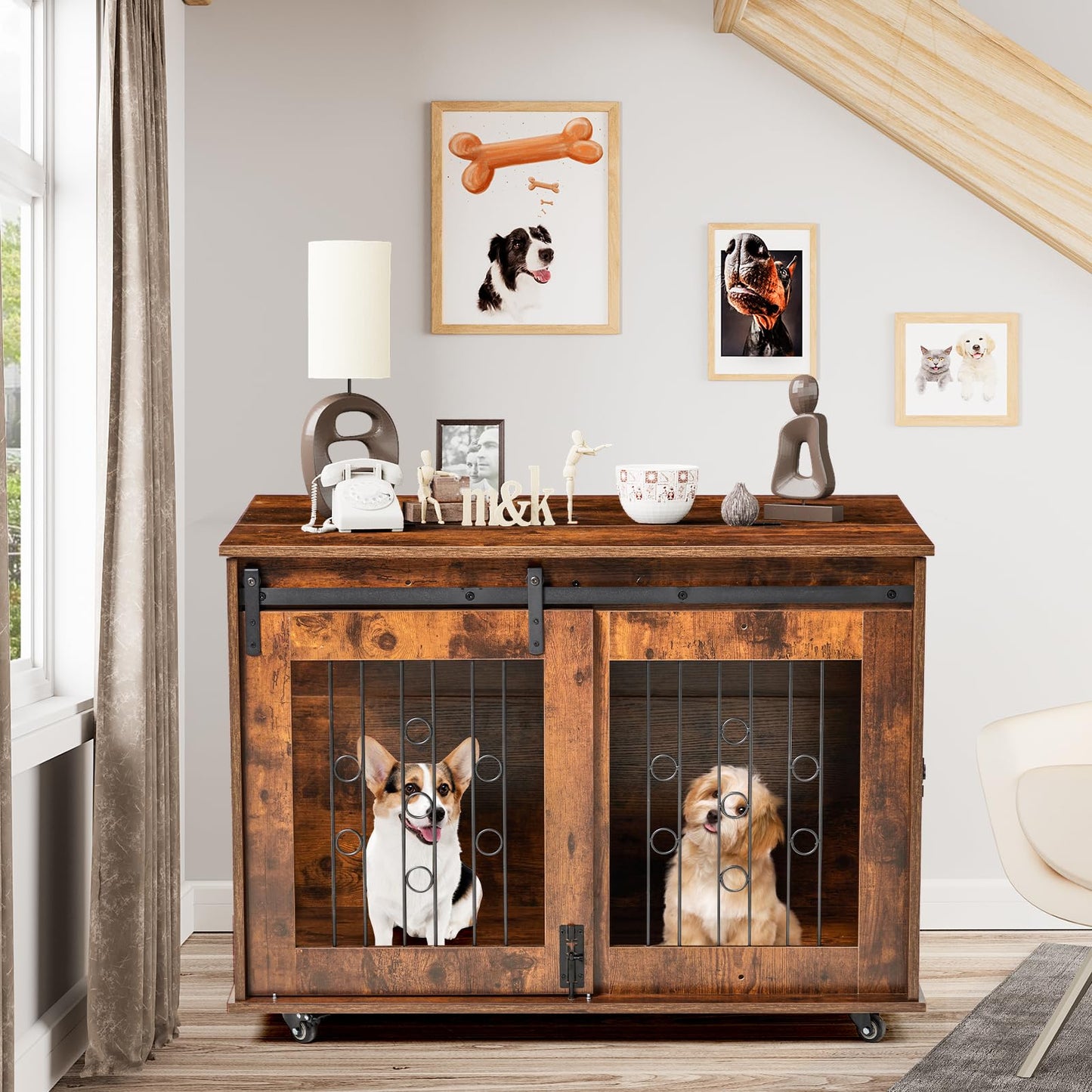 2 Rooms Dog Crate Furniture with Movable Divider,39" Wooden Dog Crate Table,Wooden Dog Kennel Pet House Cage,Flip Top 39.37”Wx25.2”Dx28.94”H