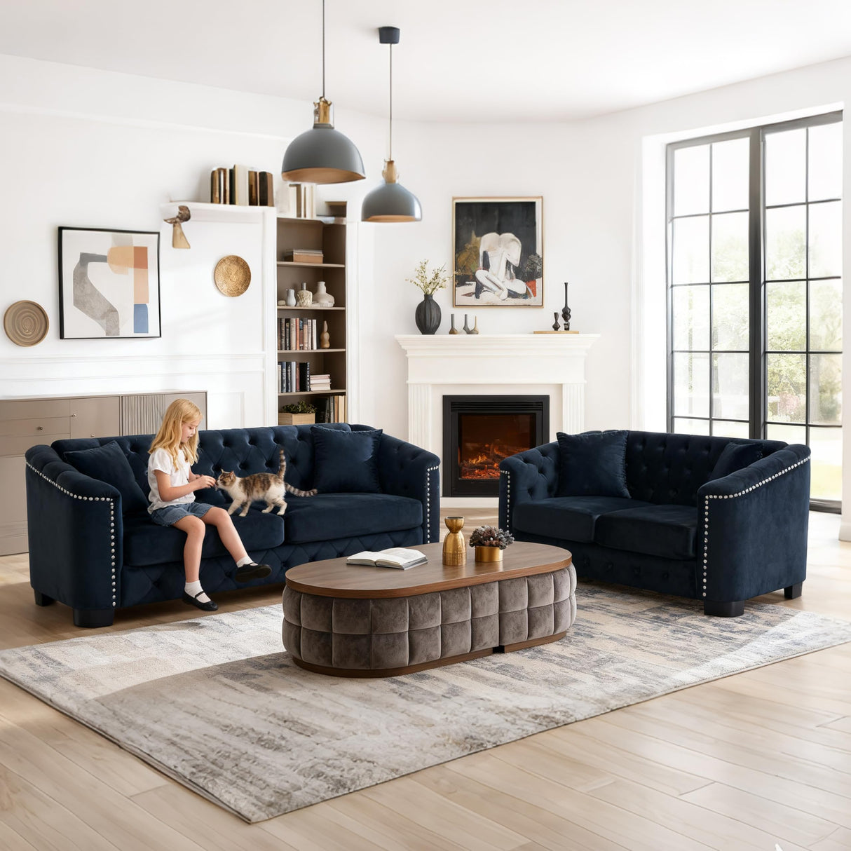 Sectional Couch for Living Room, Luxury 2 Piece Chesterfield Velvet Sofa Set 77" 3-Seater + 59" Loveseat, Modern Tufted Upholstery with Nailhead Arms and 4 Cushions for Office & Coffee Bars, Black BUIORD