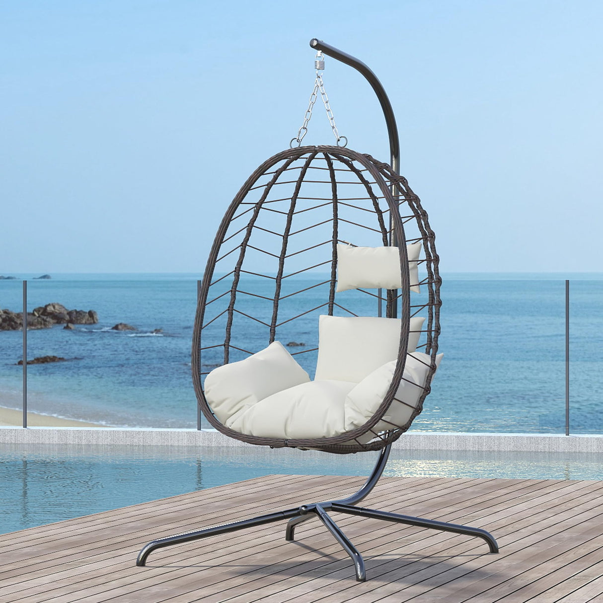Hanging Egg Chair with Stand, Swinging Egg Chair Outdoor Indoor, Hanging Basket Chair with Cushion, Patio Wicker Hammock Chair 350lbs Capacity for Bedroom, Porch, Balcony, Backyard, Garden (Beige) LEX CRAFT