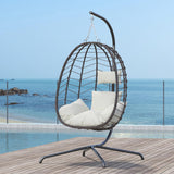 Hanging Egg Chair with Stand, Swinging Egg Chair Outdoor Indoor, Hanging Basket Chair with Cushion, Patio Wicker Hammock Chair 350lbs Capacity for Bedroom, Porch, Balcony, Backyard, Garden (Beige) LEX CRAFT