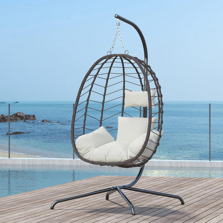 Hanging Egg Chair with Stand, Swinging Egg Chair Outdoor Indoor, Hanging Basket Chair with Cushion, Patio Wicker Hammock Chair 350lbs Capacity for Bedroom, Porch, Balcony, Backyard, Garden (Beige) LEX CRAFT