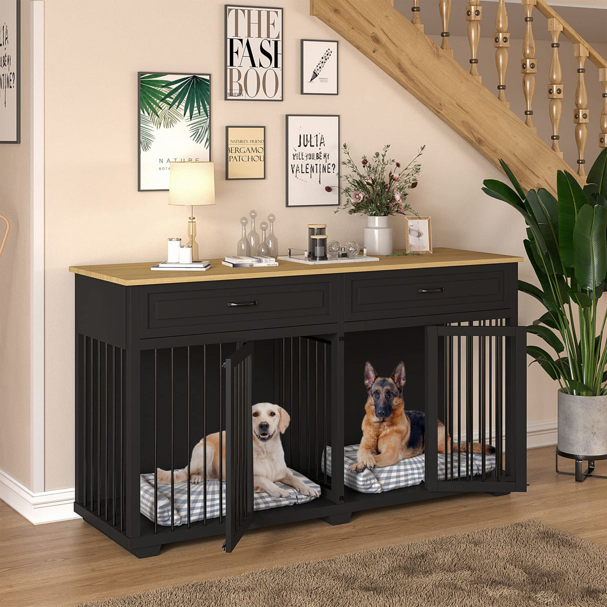 DAWNSPACES Large Dog Crate Furniture, 72" Wooden Large Dog Kennel with Drawers & Divider, Heavy Duty Indoor Dog Cage with Double Rooms for Large Medium Small Dogs, Black DAWNSPACES
