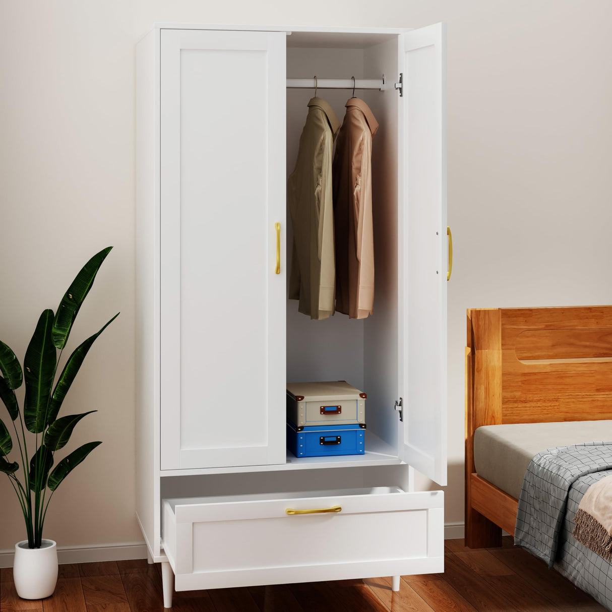 Gyger Wardrobe Closet with Drawer, Armoires and Wardrobes with Shelves and Hanging Rail,Freestanding Wooden Wardrobe Cabinet for Bedroom,White Gyger
