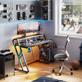 MOTPK Gaming Desk with Power Outlet & LED Lights, Gaming Computer Desk 47inch with PC Storage Shelf, Gaming Table with Carbon Fiber Texture, Gamer Desk, Gift for Boys Men, Black MOTPK