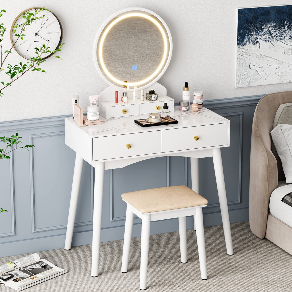 Furmax Vanity Desk Makeup Vanity Table with Lighted Mirror Vanity Set with Modern Desktop, Soft Cushioned Stool, 4 Storage Drawers, 3 Colors Mirror Brightness Adjustable (White) Furmax